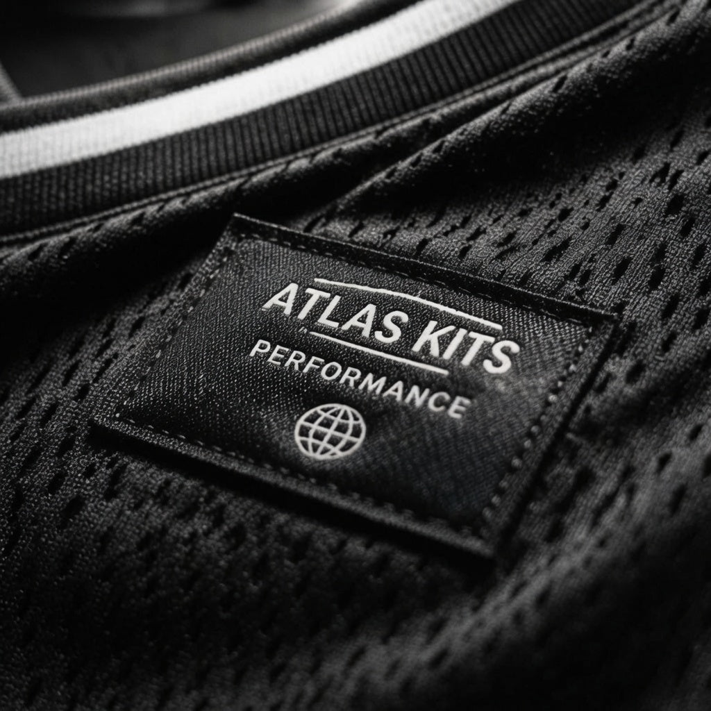 Close-up of a black label with 'Atlas Kits Performance' text on a textured surface.