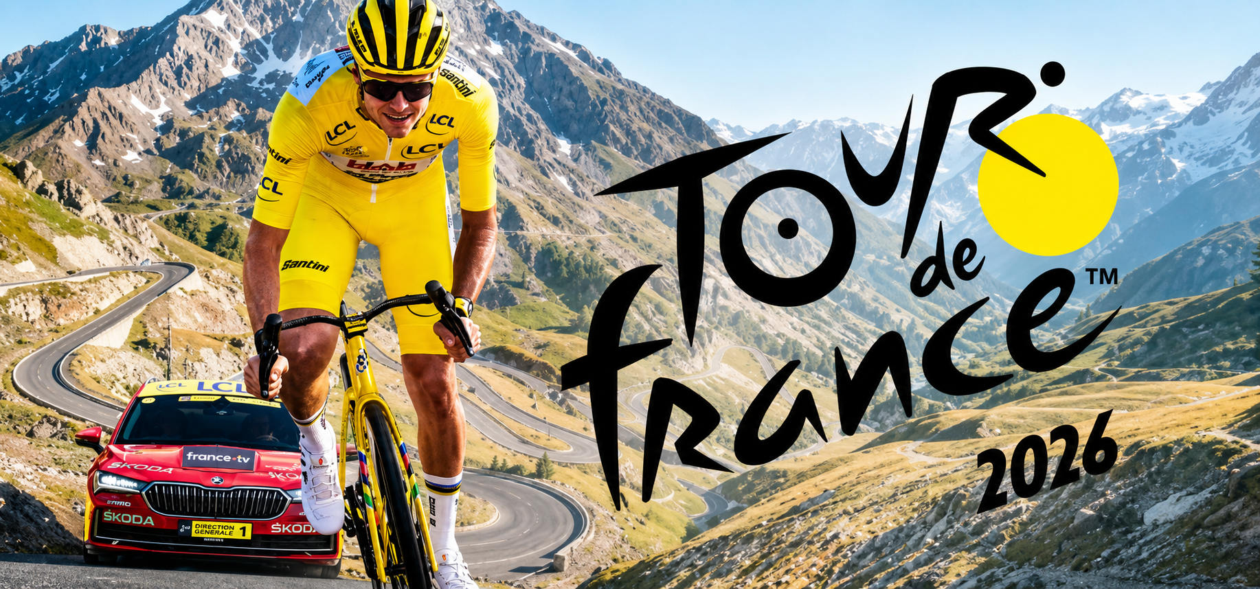 Cyclist in yellow jersey on a mountain road with 'Tour de France 2026' logo.