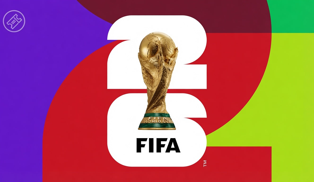 FIFA World Cup trophy on a colorful geometric background
