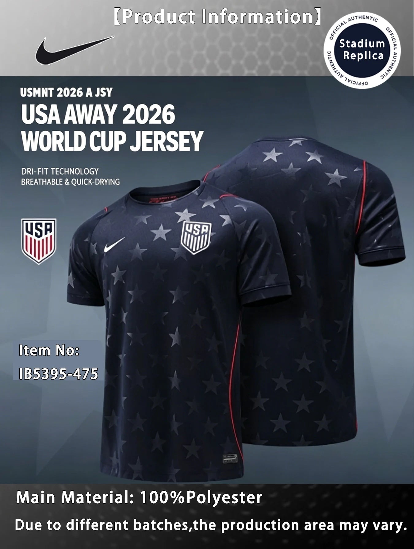 Nike Dri-FIT Unisex 2026 World Cup USA Away Fan Version Quick-Dry Soccer Jersey Short Sleeve T-Shirt IB5395-475