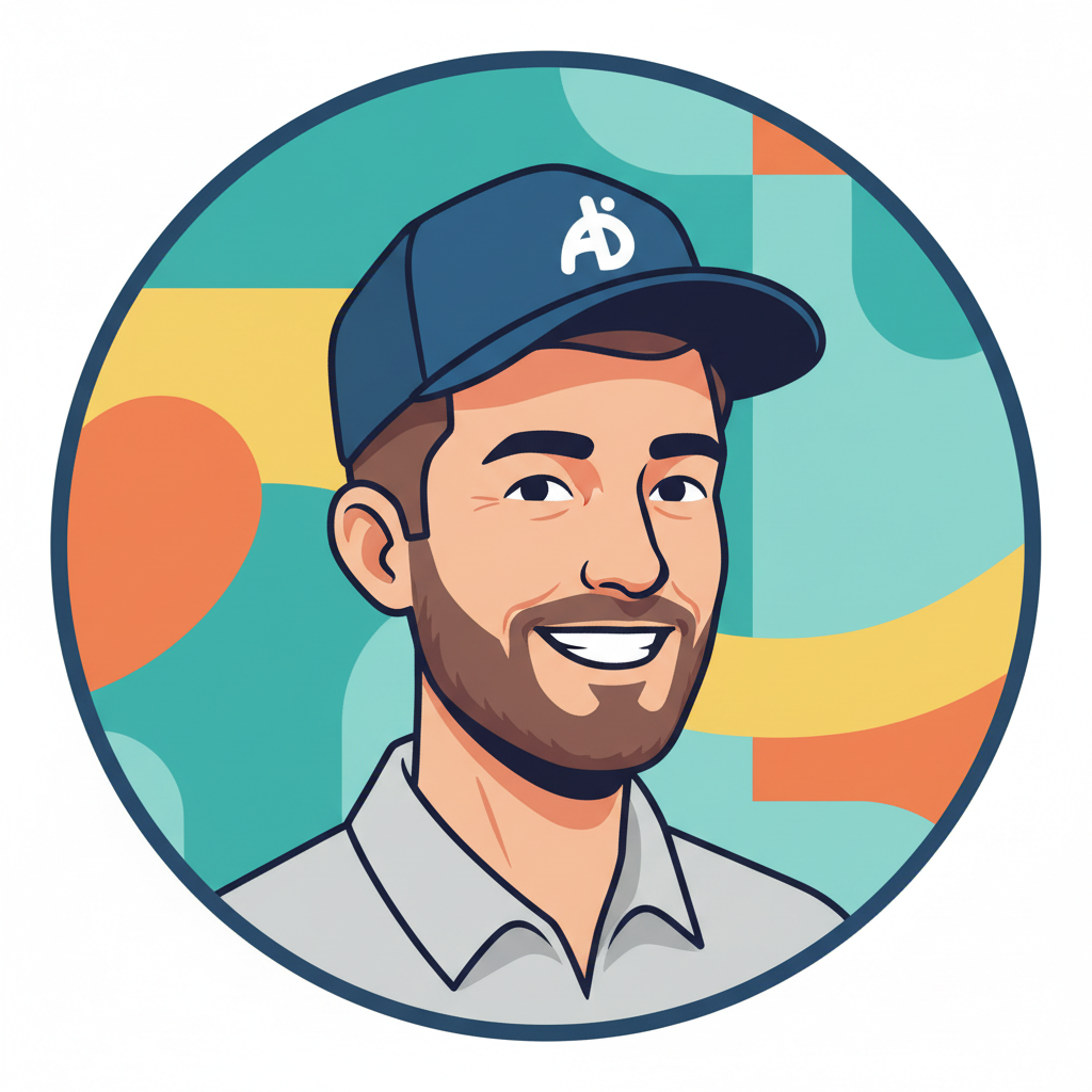 Circular illustration of a man wearing a cap with a colorful abstract background