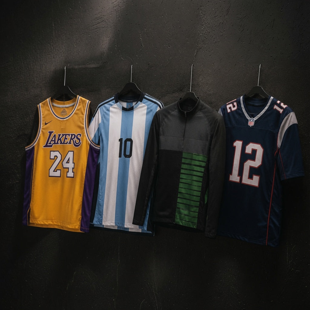 Four sports jerseys hanging against a dark wall.